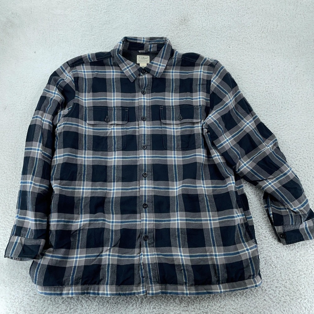 L.L. Bean Fleece Lined Flannel Shirt‎ Jacket XL Traditional Fit Blue Gray Plaid